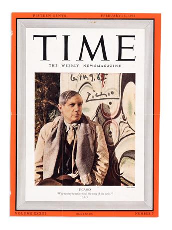 PICASSO, PABLO. Time magazine cover dated and Signed, Picasso, at upper edge of portrait.